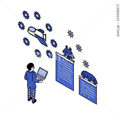 ゲームのプログラミングをする男子生徒 モノクローム 青 ゲームのプログラミングをする男子生徒 モノクローム 青 125606671