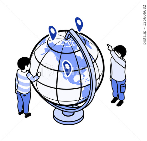 巨大な地球儀で遊ぶ二人の男の子　モノクローム　青 125606682