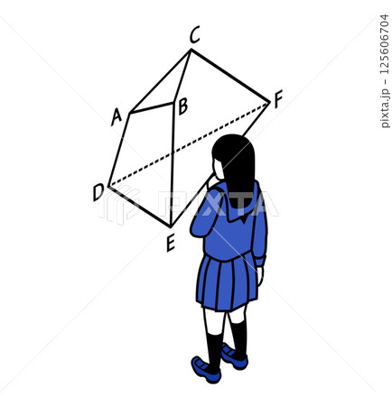 数学の図形を見つめる女子生徒　モノクローム　青 125606704