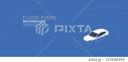 Flood event background with white car surrounded by blue concentric circles, representing rising water levels and natural disaster impact in urban areas. 125606995