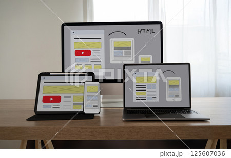 Web Design Homepage Internet layout desktop devices online responsive website and desktop computer 125607036