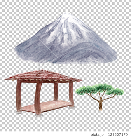 Korean pavilion, gazebo, bonsai pine, mountain watercolor set isolated on white. Hand drawn illustrations perfect as design elements for landscapes, gardens, cards, posters. Nature and architecture Korean pavilion, gazebo, bonsai pine, mountain watercolor set isolated on white. Hand drawn illustrations perfect as design elements for landscapes, gardens, cards, posters. Nature and architecture 125607170