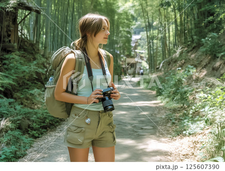 竹林の小径を歩く若い外国人旅行客のイメージ素材 125607390