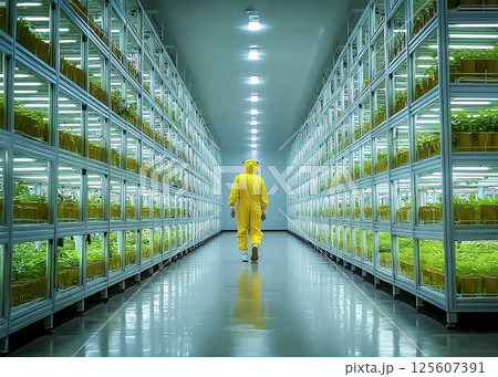 宇宙で植物を育てる宇宙飛行士のイメージ素材 125607391