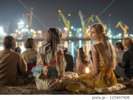 観光地を浴衣を着て観光する外国人観光客のイメージ素材 125607406