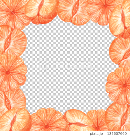 Citrus fruits hand drawn watercolor square frame isolated on white background. Tangerines, oranges 125607660