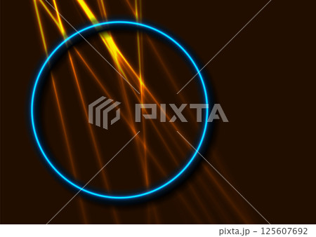 Bright orange neon rays and blue circle abstract futuristic background 125607692
