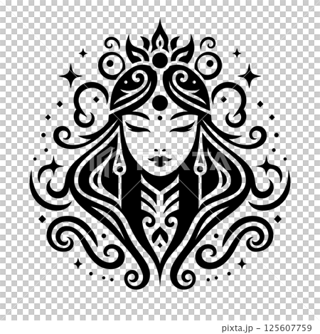 Decorative young Korean woman ornate Illustration isolated on transparent background. Pretty asian female artistic portrait. AI-generated image. Decorative young Korean woman ornate Illustration isolated on transparent background. Pretty asian female artistic portrait. AI-generated image. 125607759