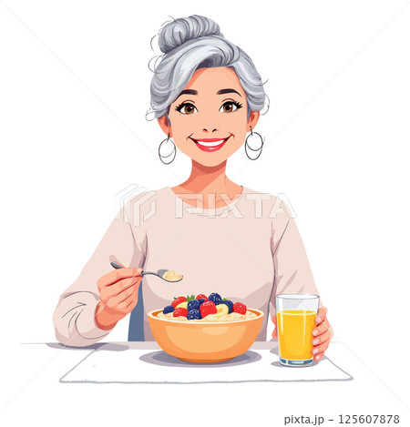 Vsai smiling senior woman enjoying healthy breakfast with oatmeal and berries 125607878