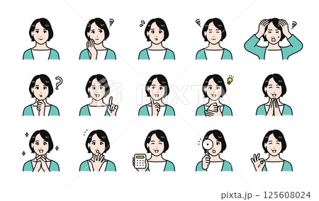 中年女性の表情バリエーションセット 125608024
