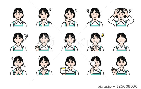 エプロンを付けた中年女性の表情バリエーションセット 125608030