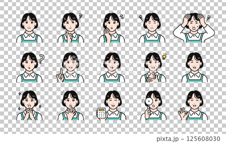 エプロンを付けた中年女性の表情バリエーションセット 125608030