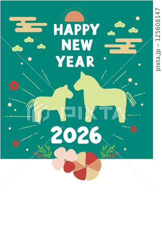 2026年 午年の年賀状テンプレート 馬の親子のイラスト(緑色) 125608147