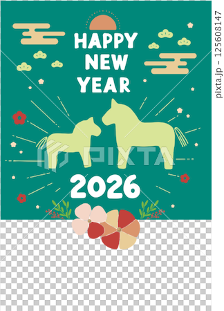 2026年 午年の年賀状テンプレート 馬の親子のイラスト(緑色) 125608147