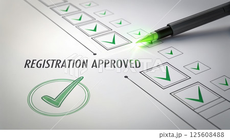 Registration confirmation with checkmarks and pen. 125608488