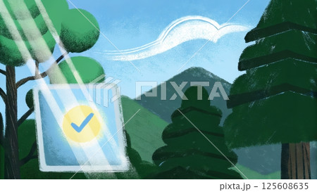 Digital checkmark in nature scene with mountains and trees 125608635