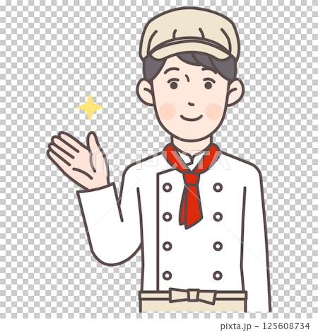 A male bakery staff member giving a tour 125608734