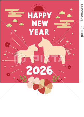 2026年 午年の年賀状テンプレート 馬の親子のイラスト(赤色) 2026年 午年の年賀状テンプレート 馬の親子のイラスト(赤色) 125608844