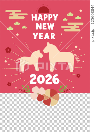 2026年 午年の年賀状テンプレート 馬の親子のイラスト(赤色) 2026年 午年の年賀状テンプレート 馬の親子のイラスト(赤色) 125608844