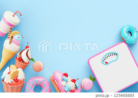 Dessert frame with scale on blue background render top view. Unhealthy diet and overweight problem concept. Sugar and junk food border of sweet cake, donut, ice cream, soda drink cup. 3D illustration Dessert frame with scale on blue background render top view. Unhealthy diet and overweight problem concept. Sugar and junk food border of sweet cake, donut, ice cream, soda drink cup. 3D illustration 125608885