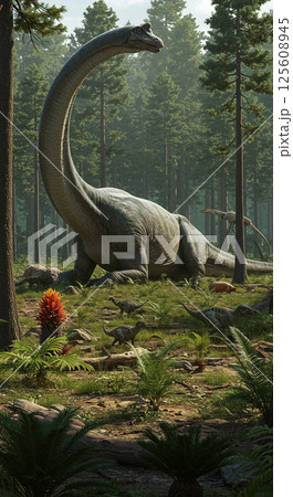 迫力満点！リアルな草食恐竜アルゼンチノサウルスの生態シーン 125608945