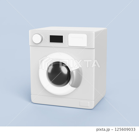 3d washing machine isolated on blue background. Realistic render icon of white automatic washer for home laundry room. Modern household appliance to wash clothes, electronic equipment. 3D illustration 125609033