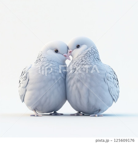 Two white pigeons showing affection on white background 125609176