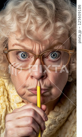 Senior Woman Holding Pencil Under Nose Making Funny Face 125609186