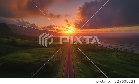 夕焼け空と一本道のイメージ 125609221