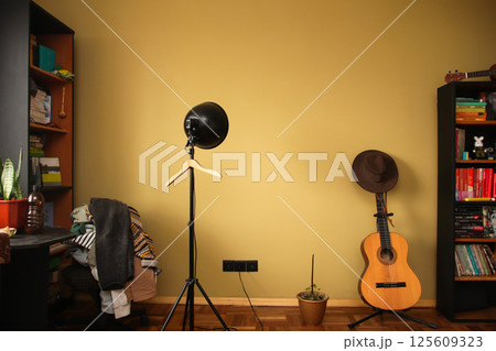 Artistic interior room with books, guitar, and lamp in cozy cluttercore style, featuring olive-colored walls and a softly blurred background for a warm, creative atmosphere 125609323