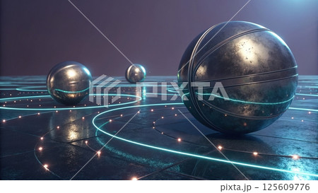 technology background concept, Metallic spheres on a glowing surface. 125609776