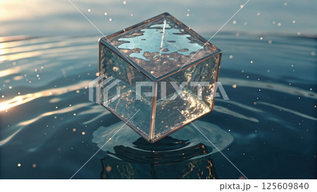 technology background concept, Floating transparent cube in water with ripples. 125609840