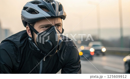 air pollution PM2.5 concept, Cyclist wearing a mask on a busy road 125609912