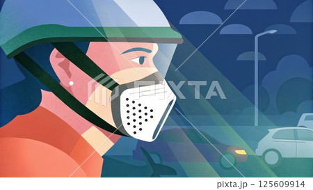 air pollution PM2.5 concept, Person wearing a mask while riding a motorcycle air pollution PM2.5 concept, Person wearing a mask while riding a motorcycle 125609914