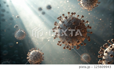 air pollution PM2.5 concept, Microscopic view of floating viruses in light 125609943