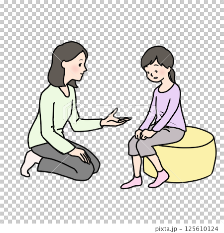 しゃがんで子供の話を聴く女性 125610124