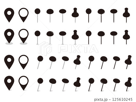 シンプルなピンのイラストセット　黒　地図　マップ　画鋲　アイコン 125610245