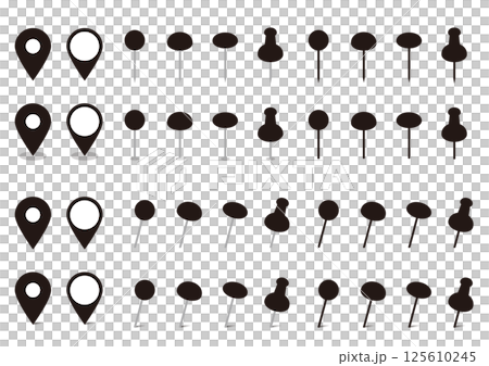 シンプルなピンのイラストセット　黒　地図　マップ　画鋲　アイコン 125610245