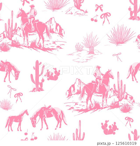 Seamless vector pattern Rodeo Cowboys , a desert landscape with cacti, pink bows, and cherries a design for fabrics and prints in the Wild West style Seamless vector pattern Rodeo Cowboys , a desert landscape with cacti, pink bows, and cherries a design for fabrics and prints in the Wild West style 125610319