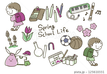 ランドセルを背負った子供と春の植物、学用品 125610331