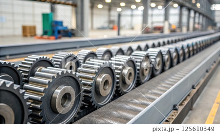 Industrial manufacturing concept, Industrial gears on a conveyor belt in a factory. 125610349