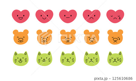 Cute doodle heart, cat and bear face icon set. Smile, sad and cry heart. Cat kawaii emoji. Hand drawn bear emoticon. Good and bad mood. Vector illustration isolated on white background 125610686