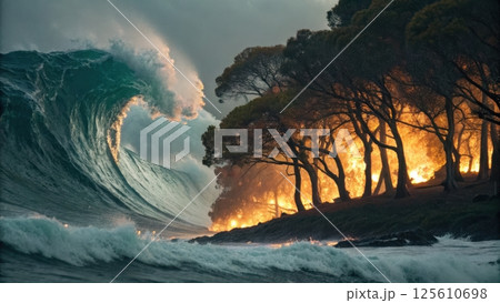 tsunami concept, Dramatic ocean wave near forest fire 125610698