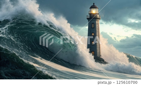 tsunami concept, Towering lighthouse amidst crashing waves 125610700