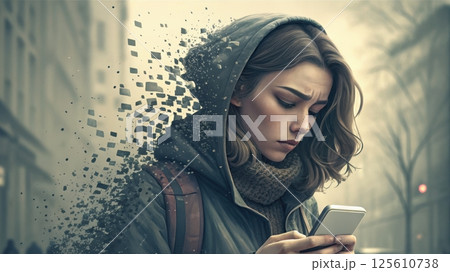 cyberbullying online harassment and social media concept, Woman in hoodie looking at smartphone, fragmented effect 125610738