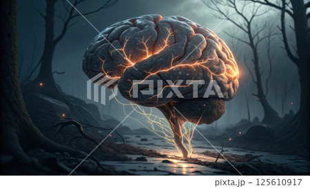 Surreal brain glowing in a dark forest setting 125610917