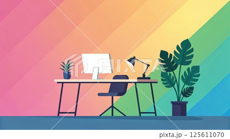 gradient modern background, Colorful workspace with plants and computer setup gradient modern background, Colorful workspace with plants and computer setup 125611070