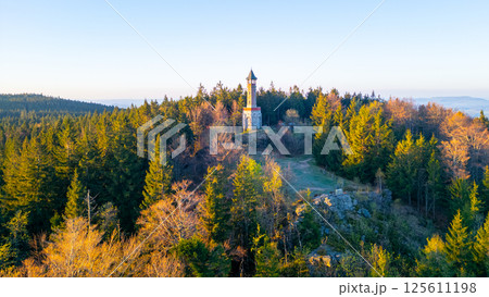 Stepanka Lookout Tower stands tall amidst green trees in the Jizera Mountains. The clear spring morning light illuminates the landscape, creating a tranquil atmosphere and inviting exploration. 125611198