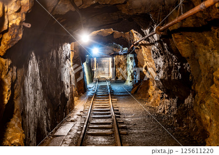 This mine shaft in Jachymov, Czechia showcases the rich mining history of the area. Dimly lit tunnels lead into the depths, revealing tracks used for transporting minerals. This mine shaft in Jachymov, Czechia showcases the rich mining history of the area. Dimly lit tunnels lead into the depths, revealing tracks used for transporting minerals. 125611220