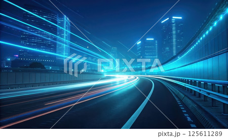 Neon light trails on a dark urban road Neon light trails on a dark urban road 125611289